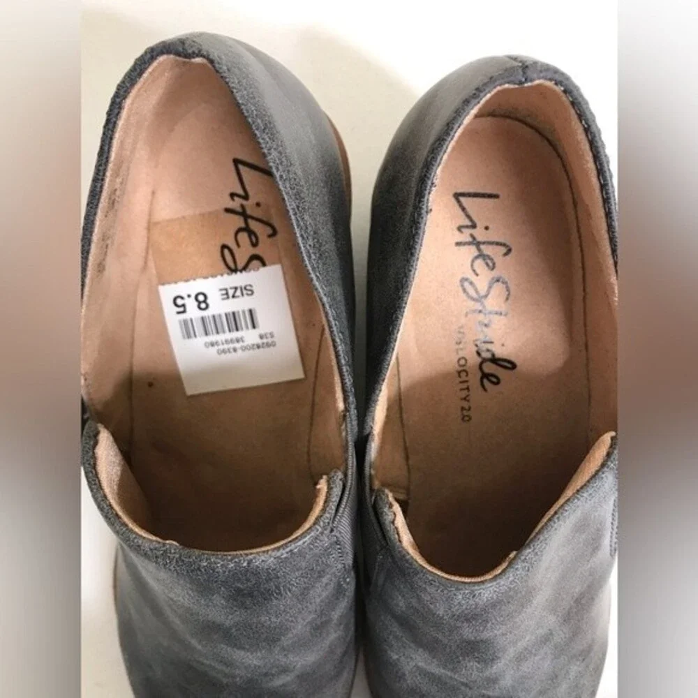 Life Stride Zora Gray Wedge Slip On Velocity 2 Lug Sole Faux Leather Women 8.5